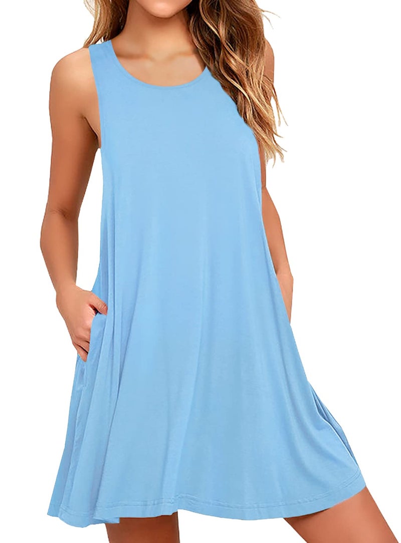 WEACZZY Women Summer Casual Relaxed Strappy Sleeveless Beach Short Mini Dress,Light Blue,XL - Image 1
